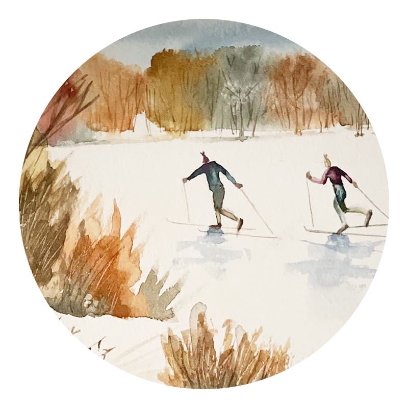 Painting of two skiers by Diane Levar
