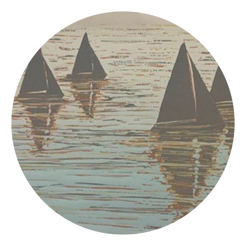 Woodblock print of sailboats by Tom Rauschenfels