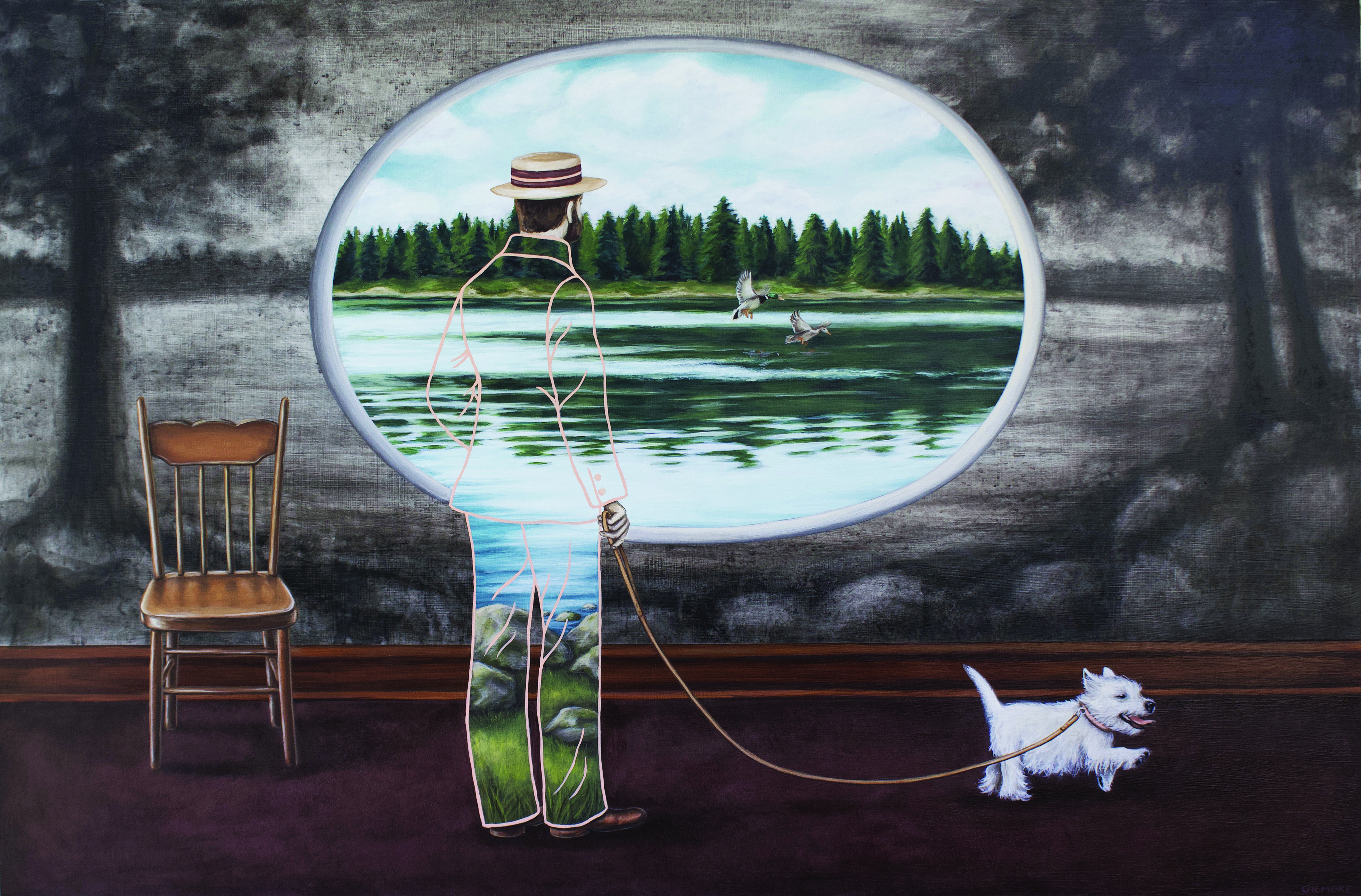 Person in a straw hat and suit walking a dog in a room with a gray landscape painted on the wall. There is a portal & transparent portion of the man that show the landscape in full color. Shawna Gilmore, "Nicholas Needs A Moment"